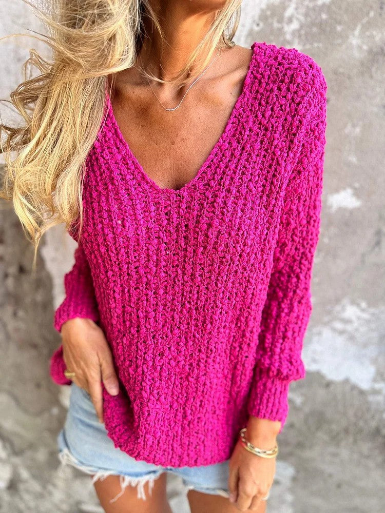 Valenzora Grobstrick-V-Ausschnitt gemütlicher Langarmpullover