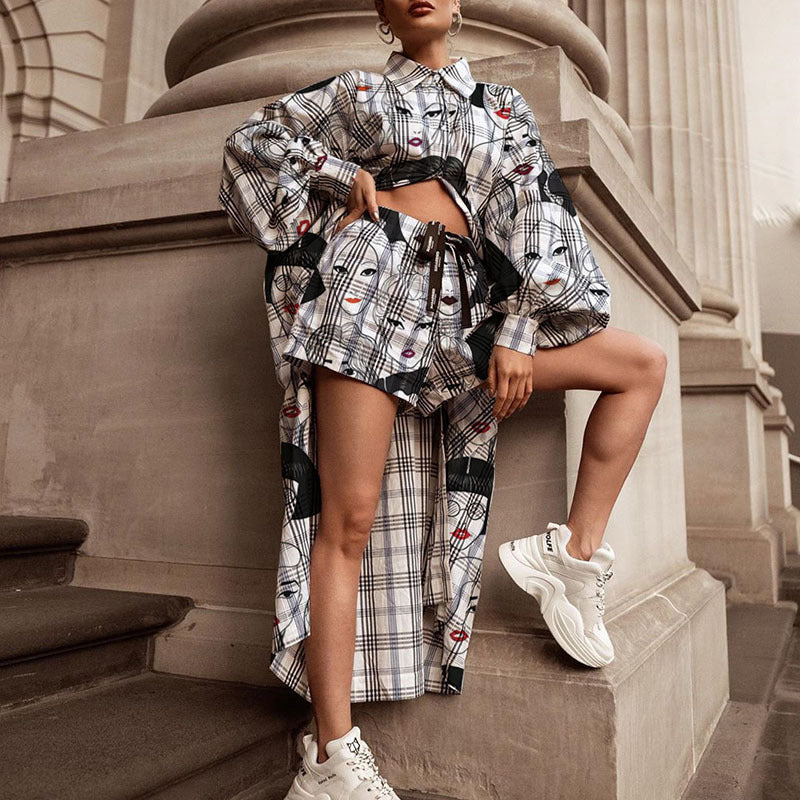 Damen-Oversize-Hemd mit Grafikprint und Shorts-Kombination, Größe S