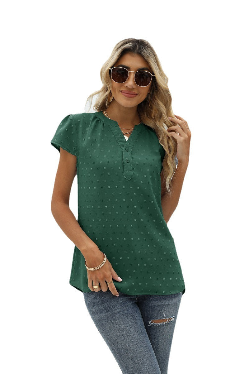 Valenzora | Jacquard Chiffon Loose V-Neck Short Sleeve Top