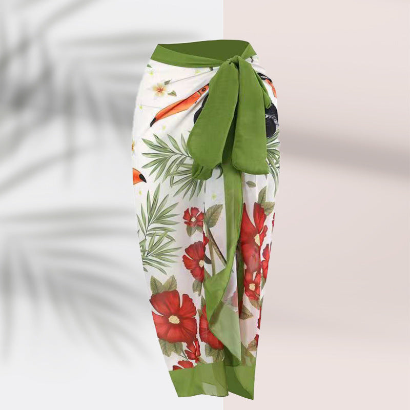 Women's pareo with botanical pattern and stylish tie belt, size