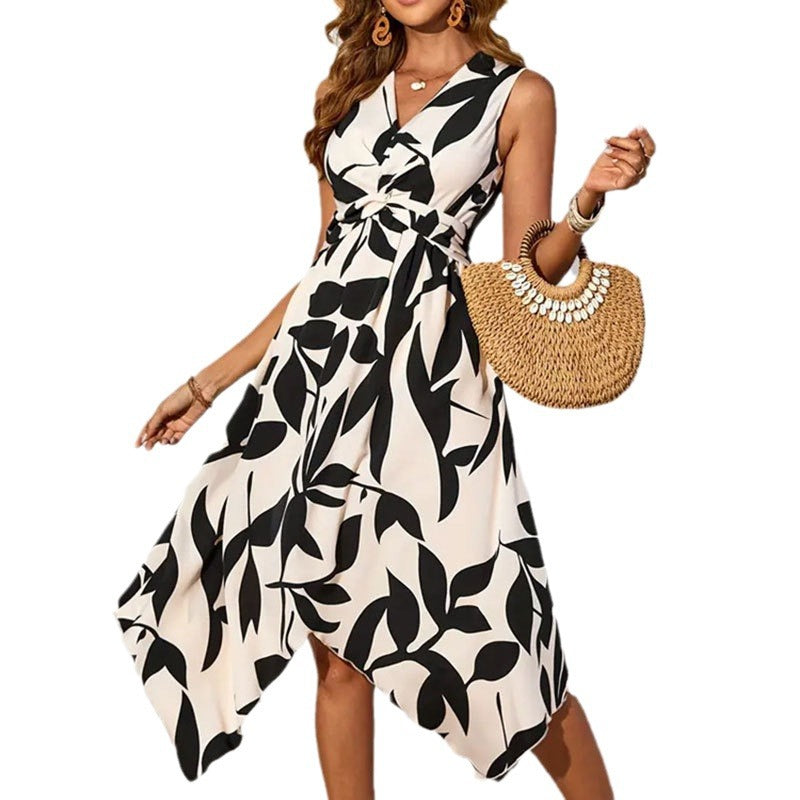 Women's asymmetrical dress with botanical print, size