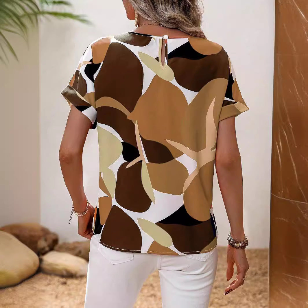 Women's casual blouse top with a modern botanical print and relaxed fit, size [size missing]