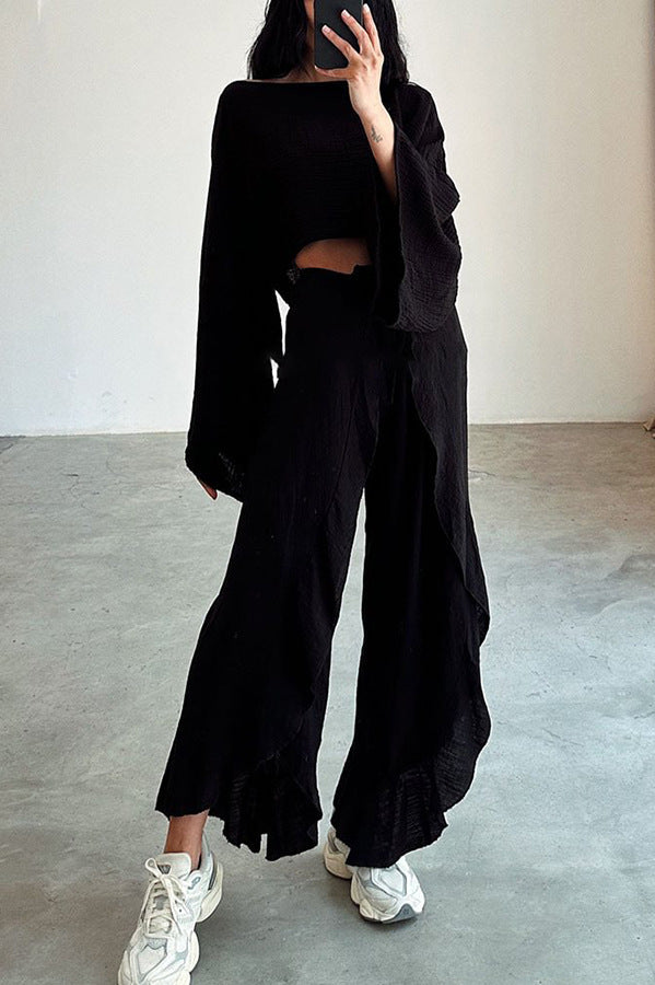 Women's Casual Two-Piece Set with Oversized Top and Wide-Leg Trousers, Size