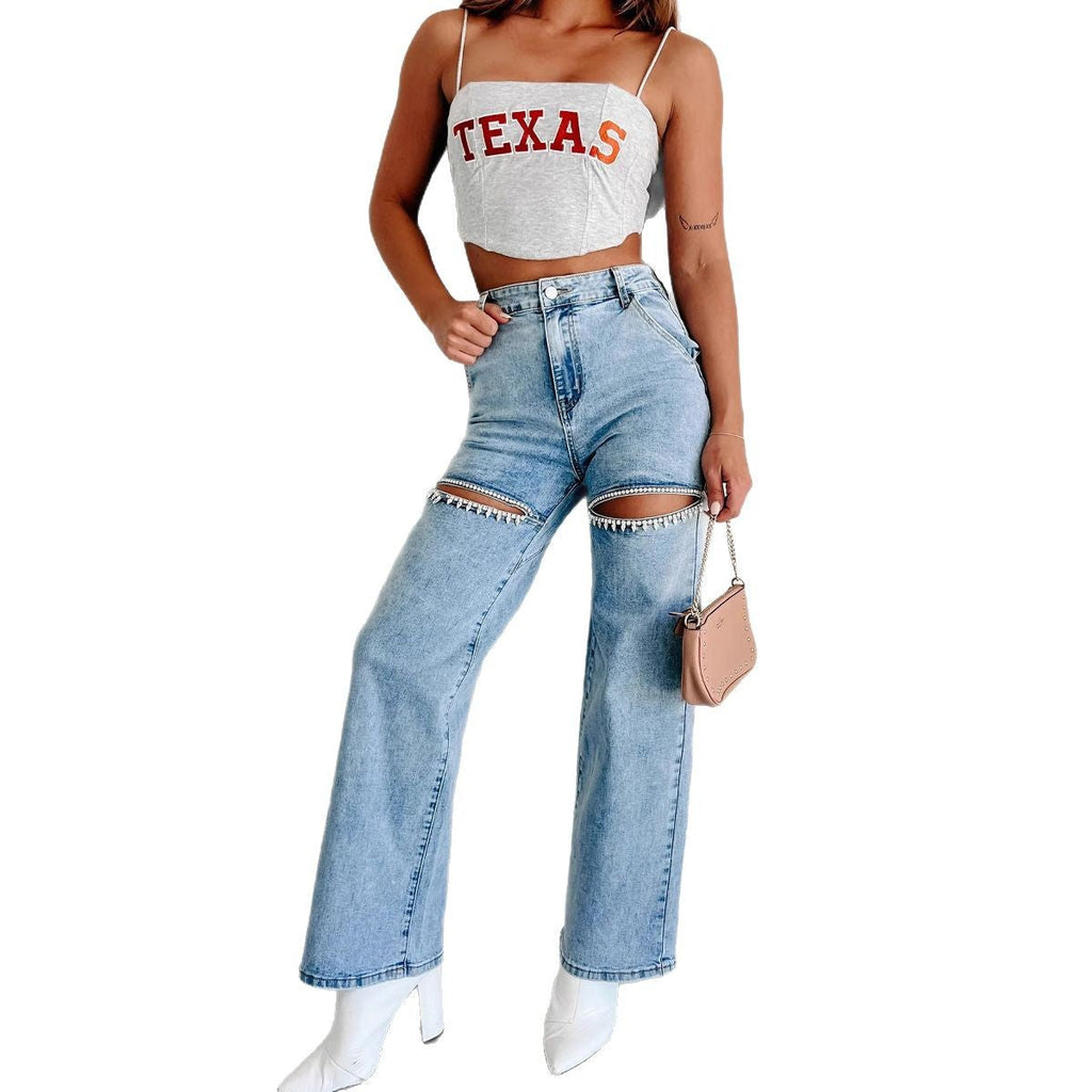 Women's wide-leg jeans with cut-out details and elegant fringe, size Valenzora