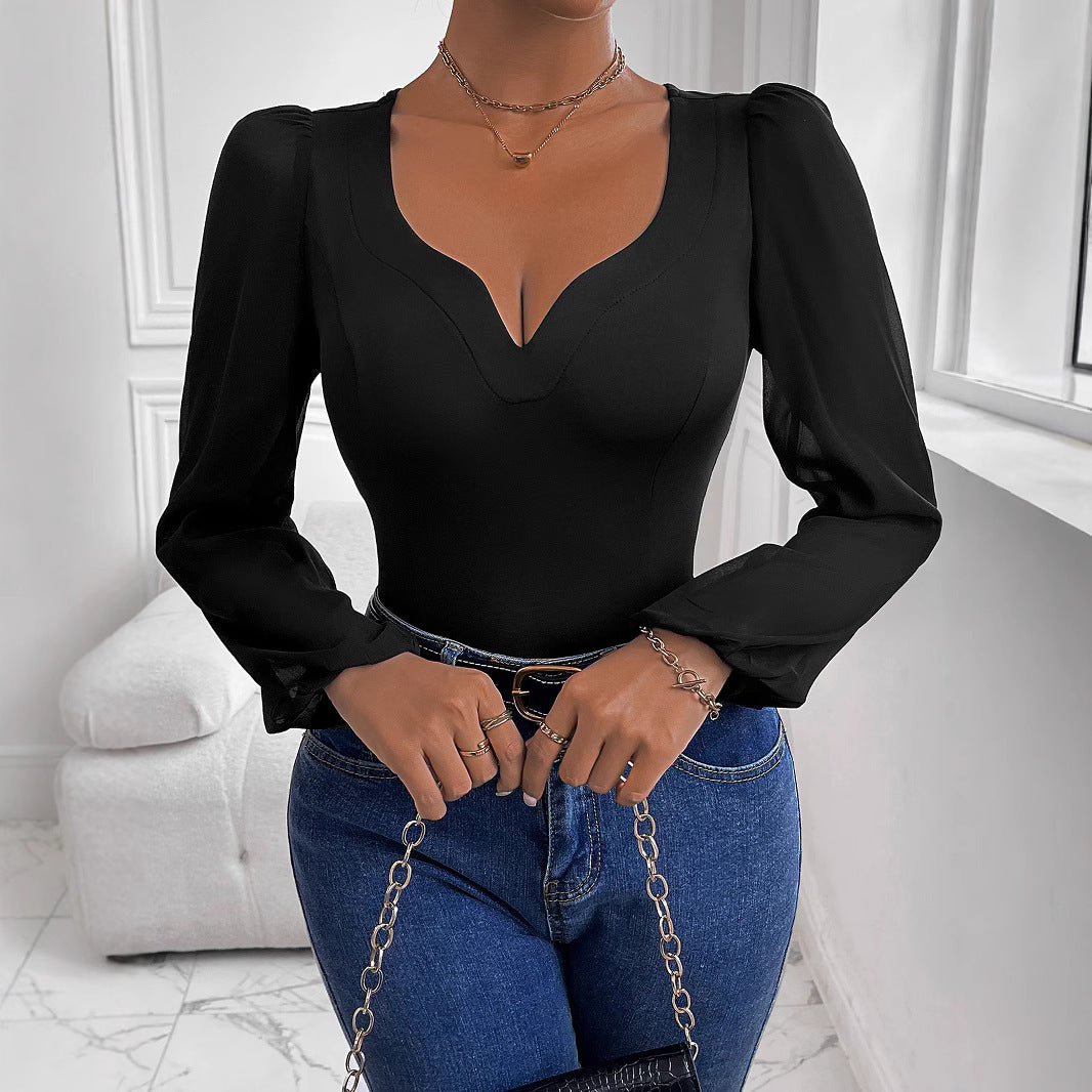 Women's bodysuit with deep V-neck and transparent puff sleeves, size
