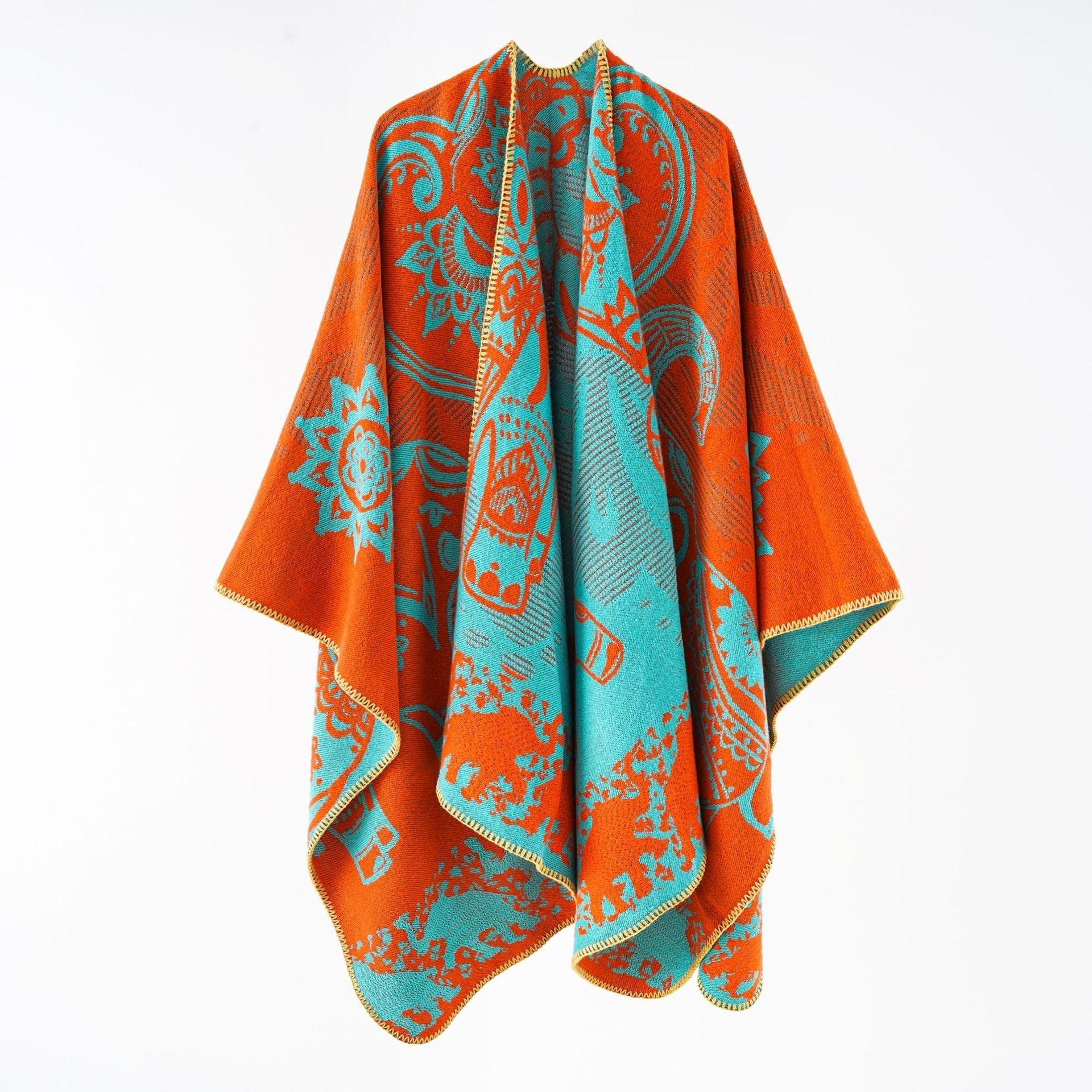 Women's elegant transitional poncho with an artistic floral pattern and fringed edges, size Valenzora