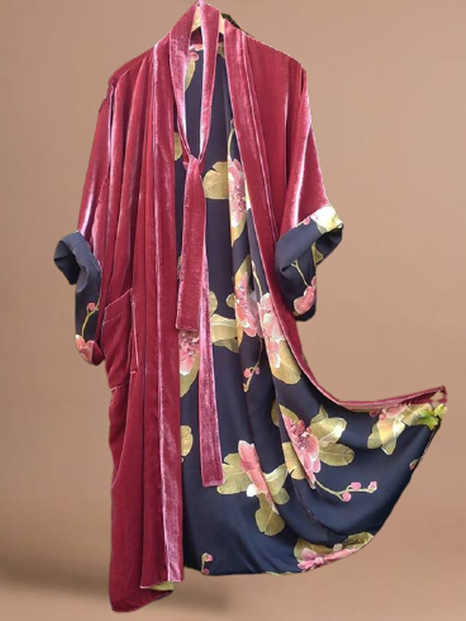 Valenzora | Satin Digital Floral Waist Belt Cardigan Pajamas