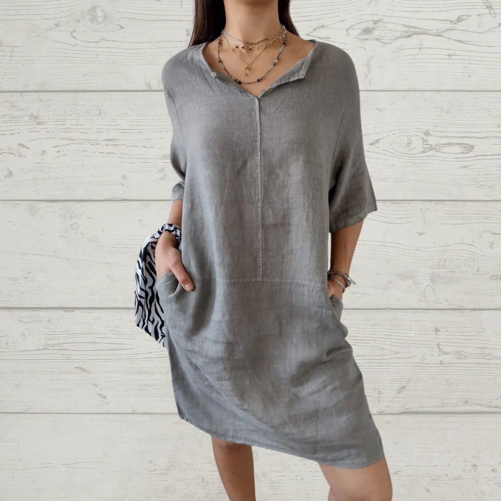 Damen-Leinenkleid mit Knopfleiste vorne und Seitentaschen, Größe