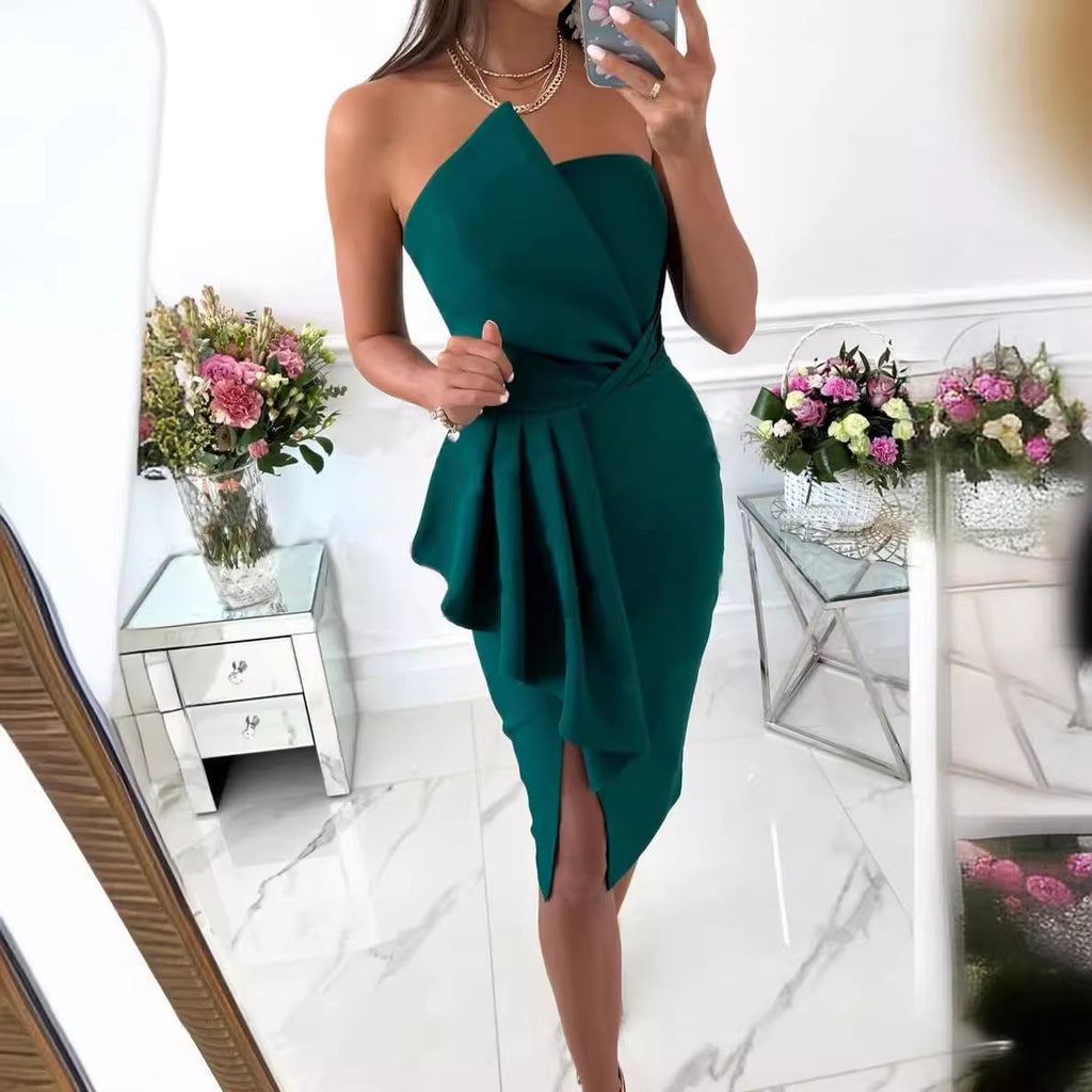 Women's fitted evening dress with ruffles and slit, size
