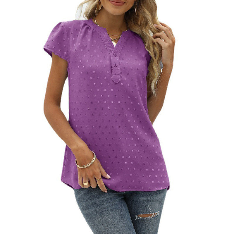 Valenzora | Jacquard Chiffon Loose V-Neck Short Sleeve Top