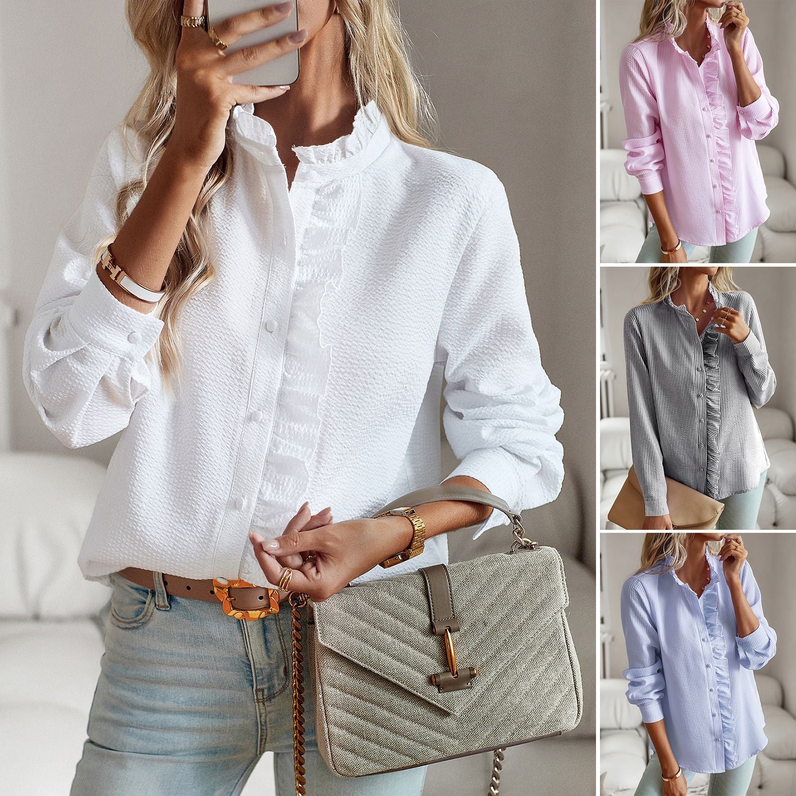 Women's blouse with ruffle details and stand-up collar, size