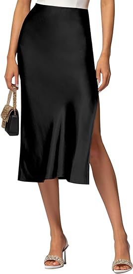 Women's satin midi skirt with high slit, size