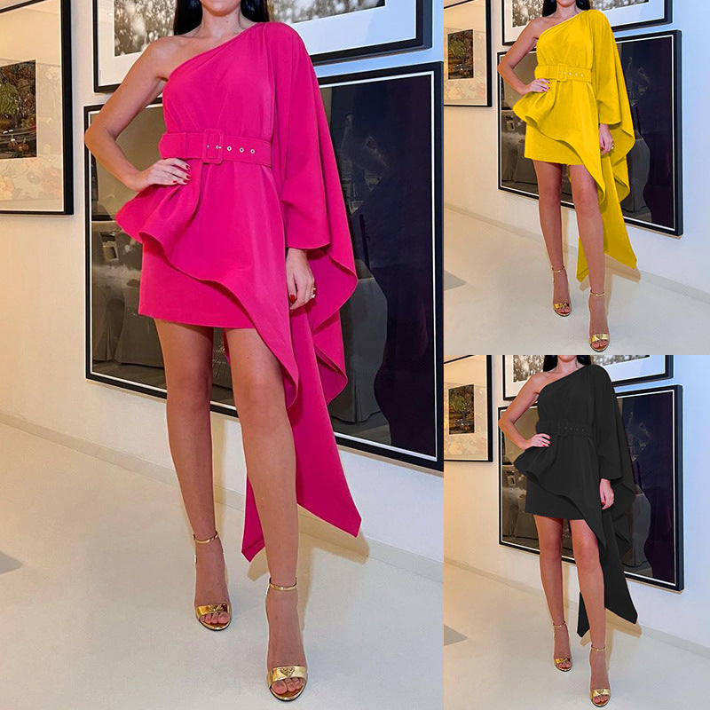 Women's asymmetrical cocktail dress with wide chapel sleeves and elegant belt buckle, size S