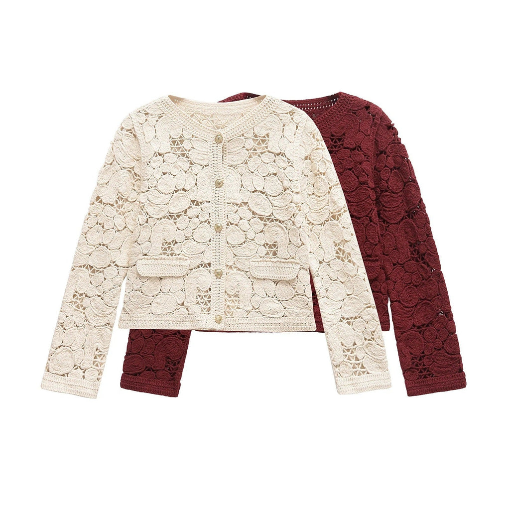 Damen-Strickjacke aus edler Spitze mit dekorativen Knopfdetails und eleganter Silhouette, Größe S