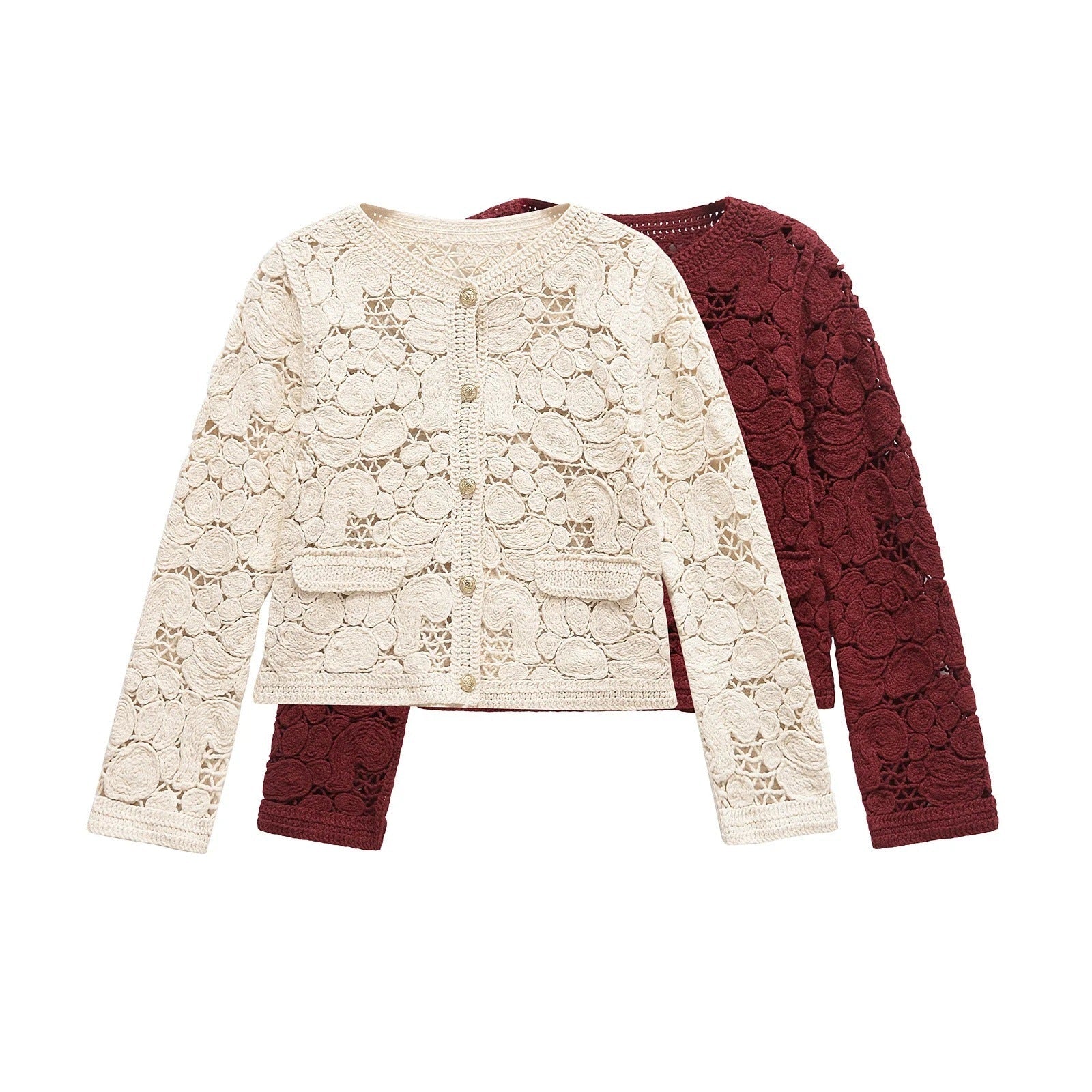 Damen-Strickjacke aus edler Spitze mit dekorativen Knopfdetails und eleganter Silhouette, Größe S