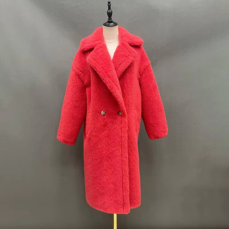 Women's fleece coat with double button placket and trendy cut, size S