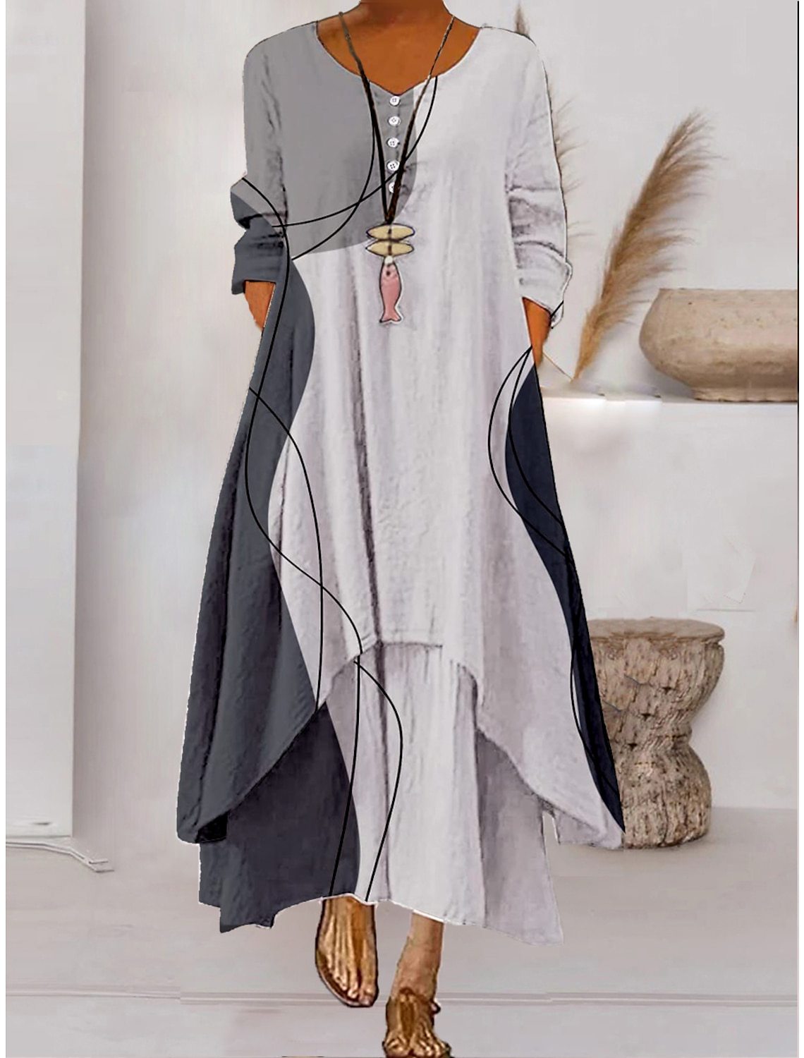 Valenzora | Maxikleid mit langen Ärmeln und Knopfverschluss