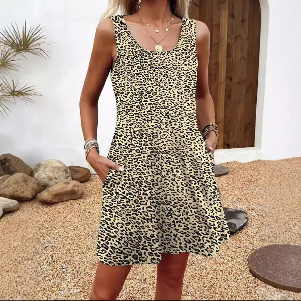 Women's Sleeveless Casual Dress with Feather Print and Convenient Pockets Drune