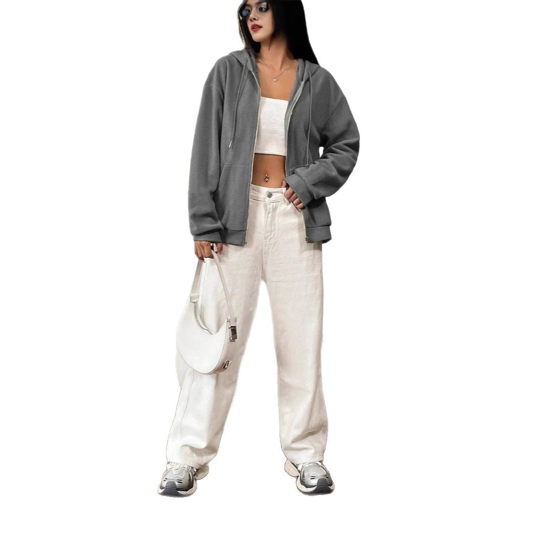Women's fleece jacket with hood and zipper, size