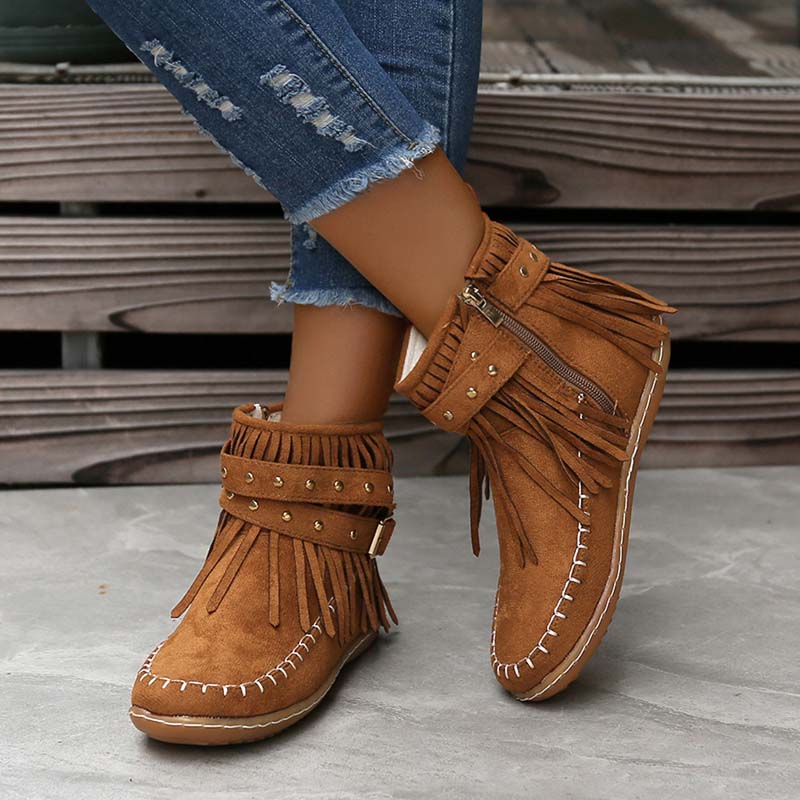 Valenzora | Boho-Stiefeletten mit Fransen und Schnallen für Damen