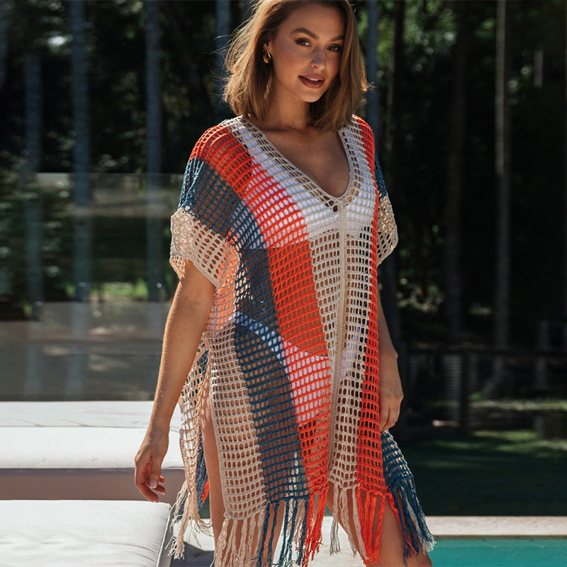 Women's beach tunic with fashionable mesh design and fringed hem, size Valenzora