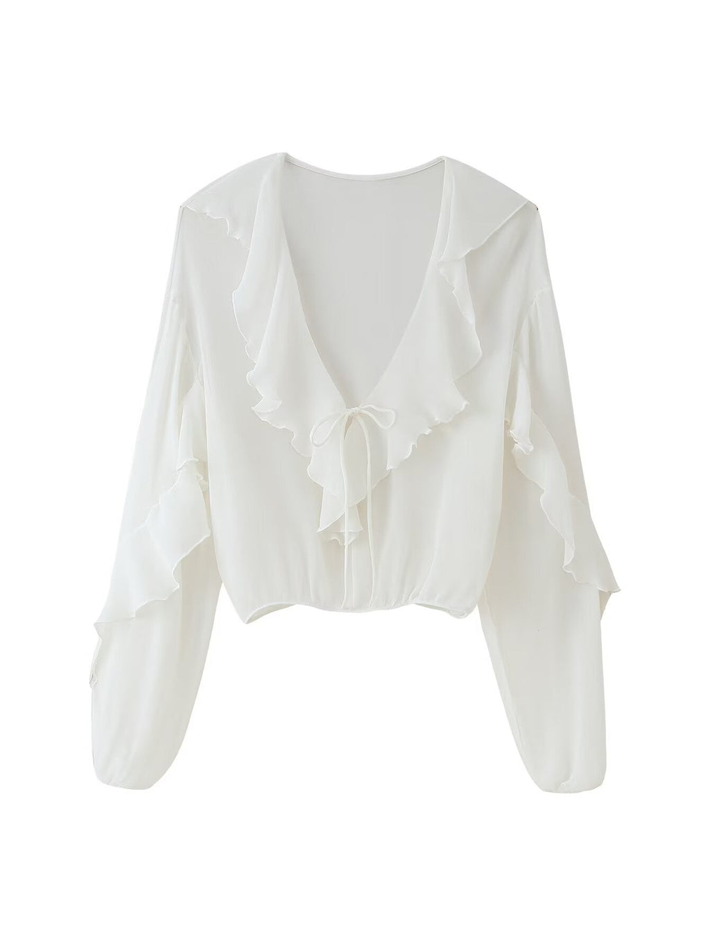 Women's blouse with romantic ruffles and deep V-neck, size