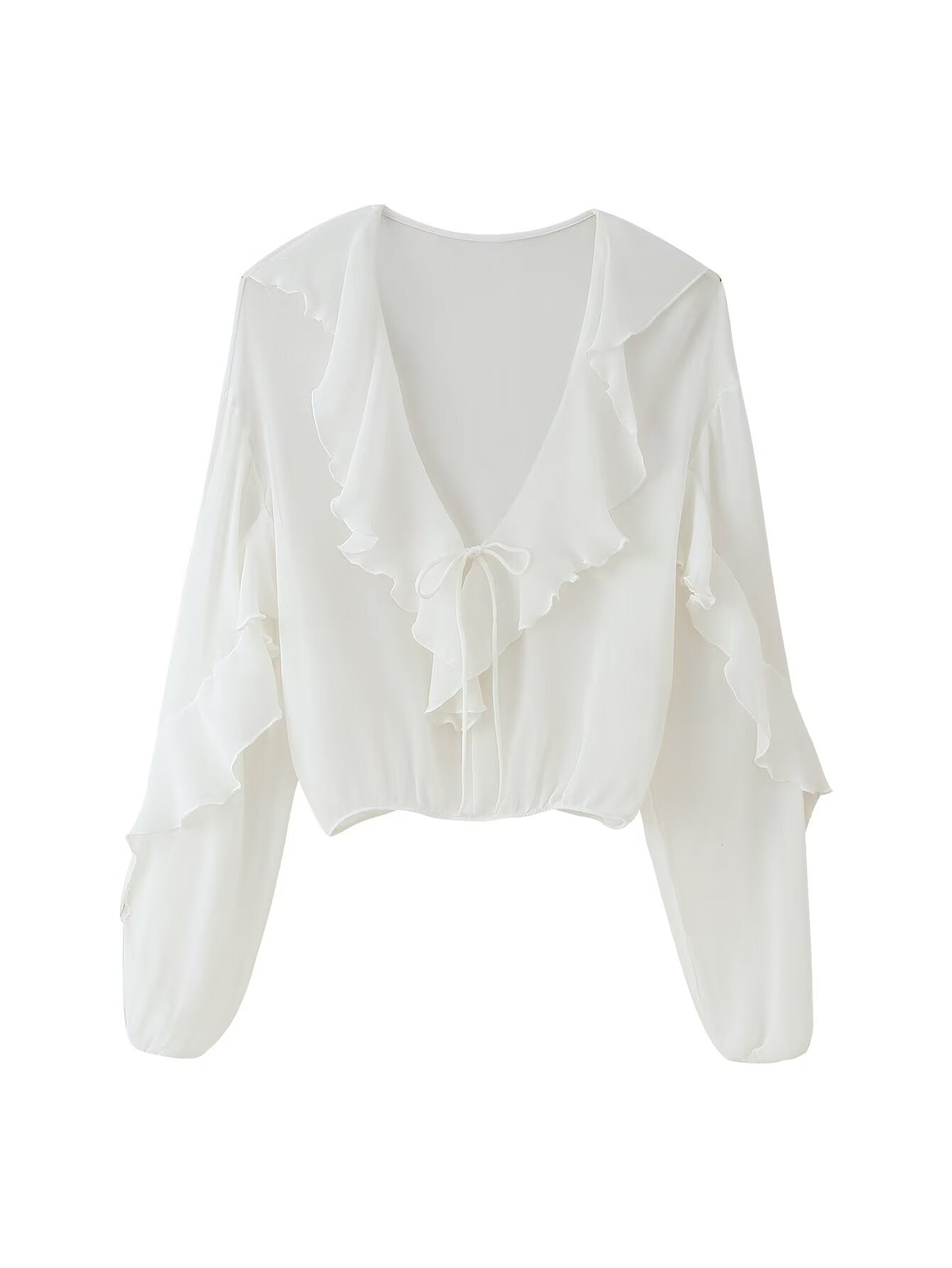 Women's blouse with romantic ruffles and deep V-neck, size