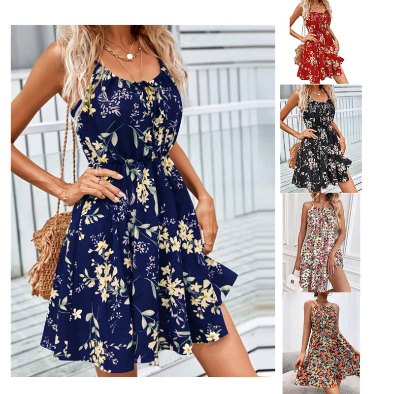 Women's floral dress with adjustable spaghetti straps and elastic waistband, size [size missing]