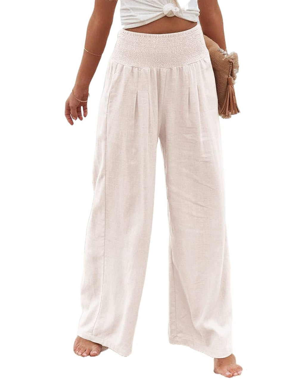 Women's wide-legged linen trousers with elasticated waistband and pleats, size