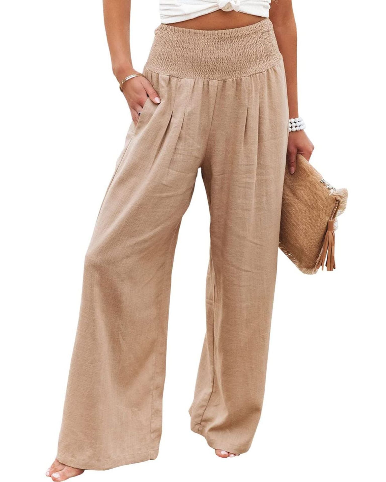 Women's wide-legged linen trousers with elasticated waistband and pleats, size