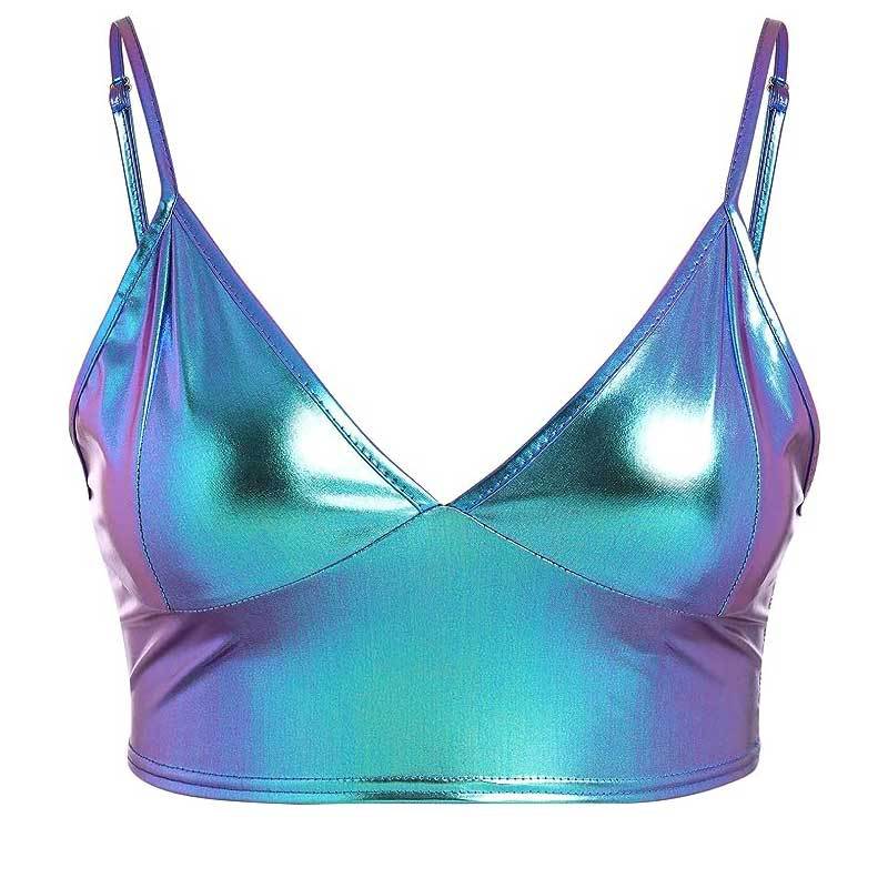 Women's crop top with shiny metallic look and adjustable straps, size