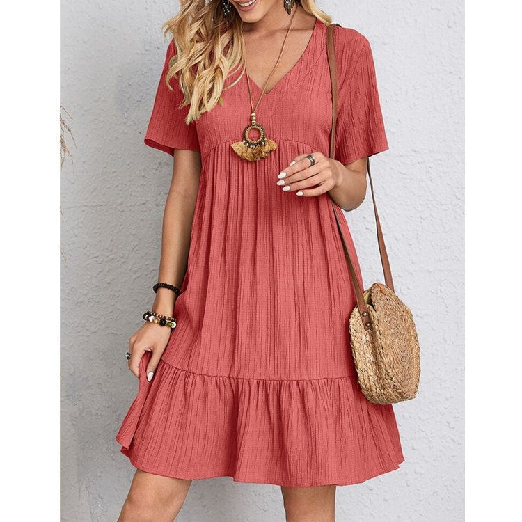 Damen Freizeitkleid mit voluminösem Saum und V-Ausschnitt, Größe