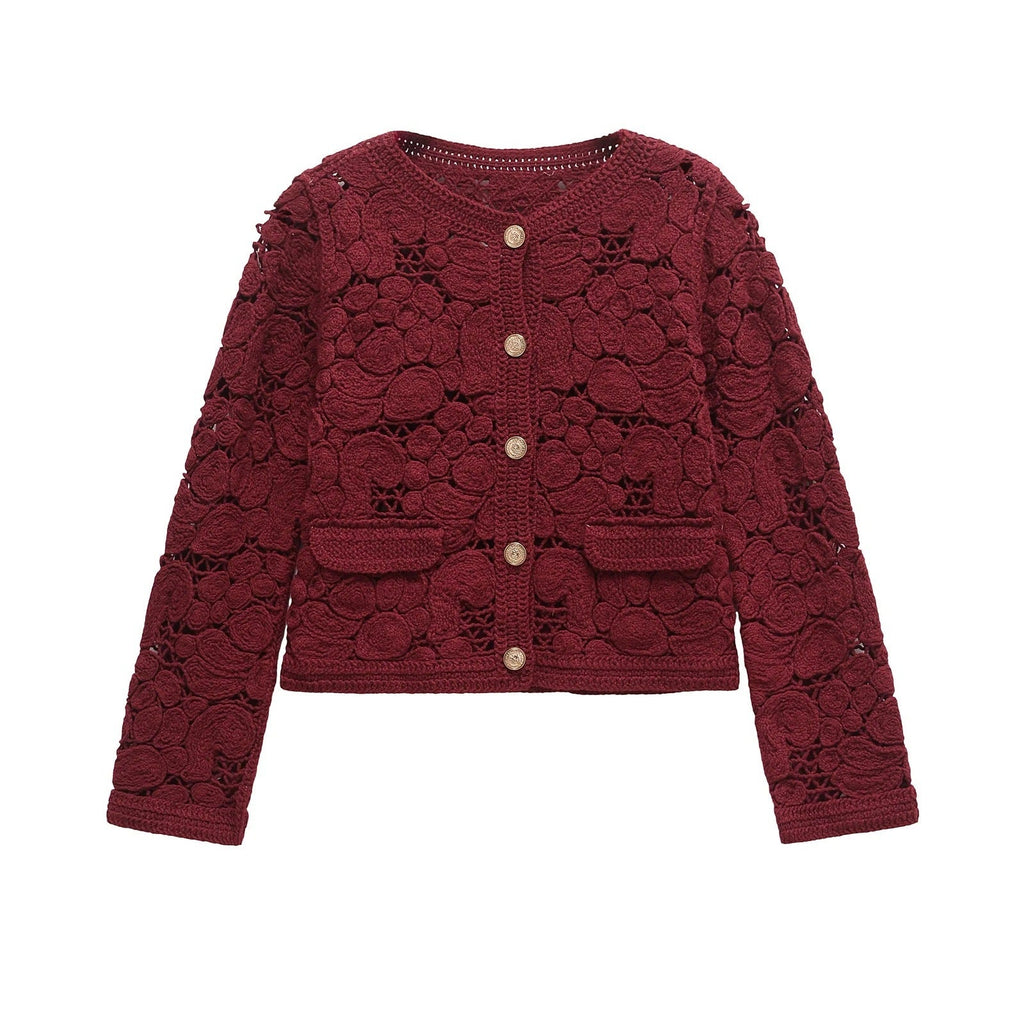 Damen-Strickjacke aus edler Spitze mit dekorativen Knopfdetails und eleganter Silhouette, Größe S