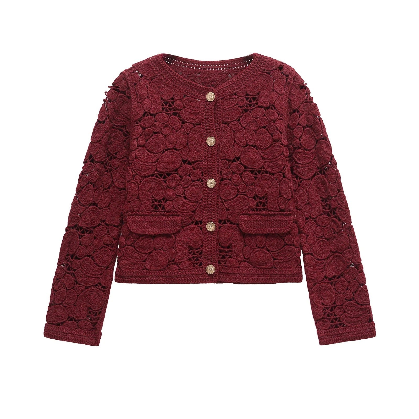 Damen-Strickjacke aus edler Spitze mit dekorativen Knopfdetails und eleganter Silhouette, Größe S