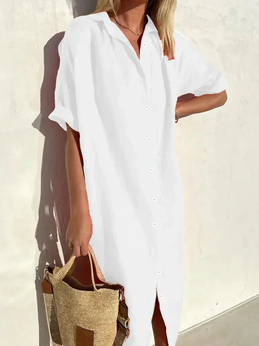 Valenzora | Hemdblusenkleid mit weitem Ausschnitt und schmalen Ärmeln, elegant und lässig, für Damen, Baumwoll- und Leinenkleider