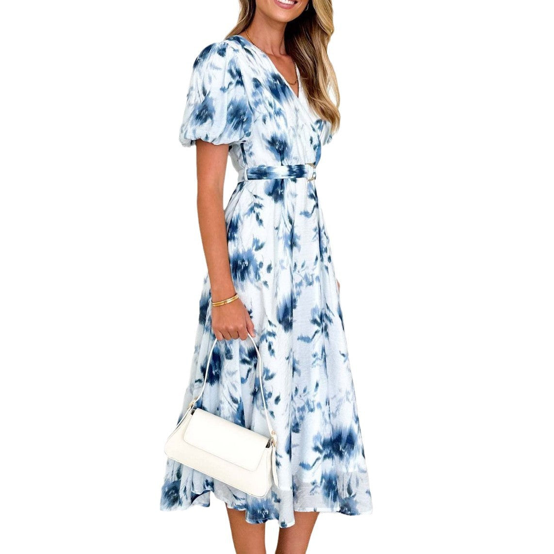 Women's midi dress with a fitted cut, voluminous sleeves and an elegant wave pattern, size Valenzora