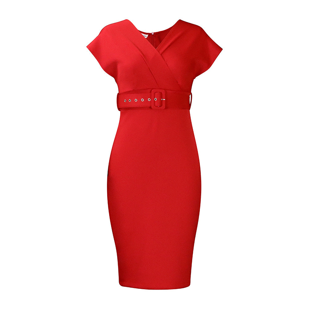 Valenzora | Women's V-neck fitted midi dress with belt