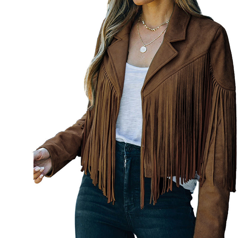 Women's fringed jacket made of high-quality suede blend, size Valenzora