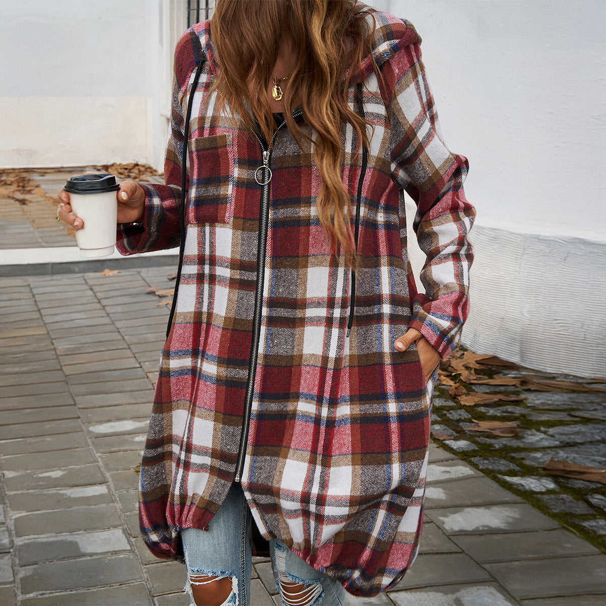 Damen karierte lange Jacke mit Kapuze und Taschen, Größe