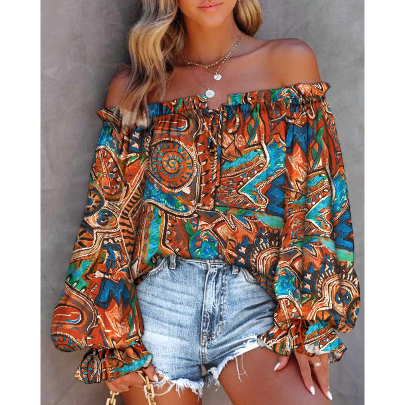 Women's off-the-shoulder blouse with colorful pattern and elastic hem, size [size missing]