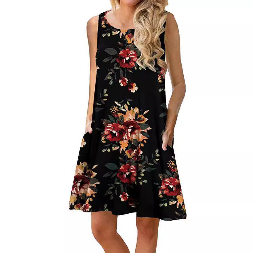 Ärmelloses Damen-Minikleid mit Blumenmuster und praktischen Seitentaschen, Größe
