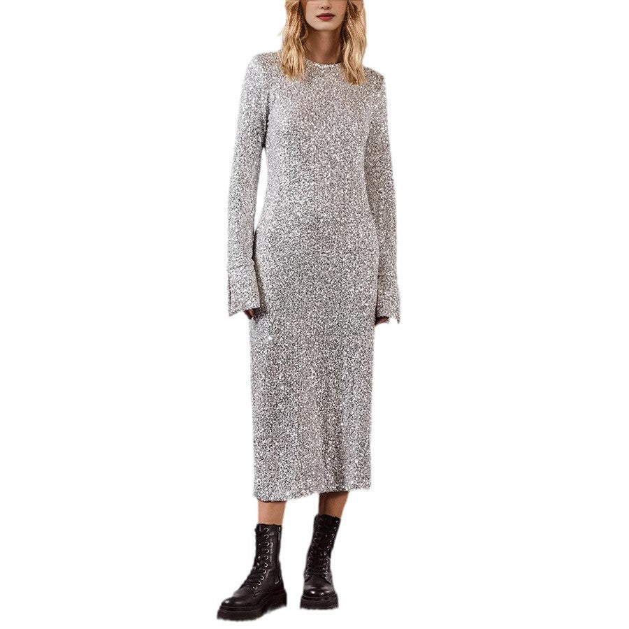 Women's glittery midi dress with an elegant round neckline and figure-flattering cut, size [size]