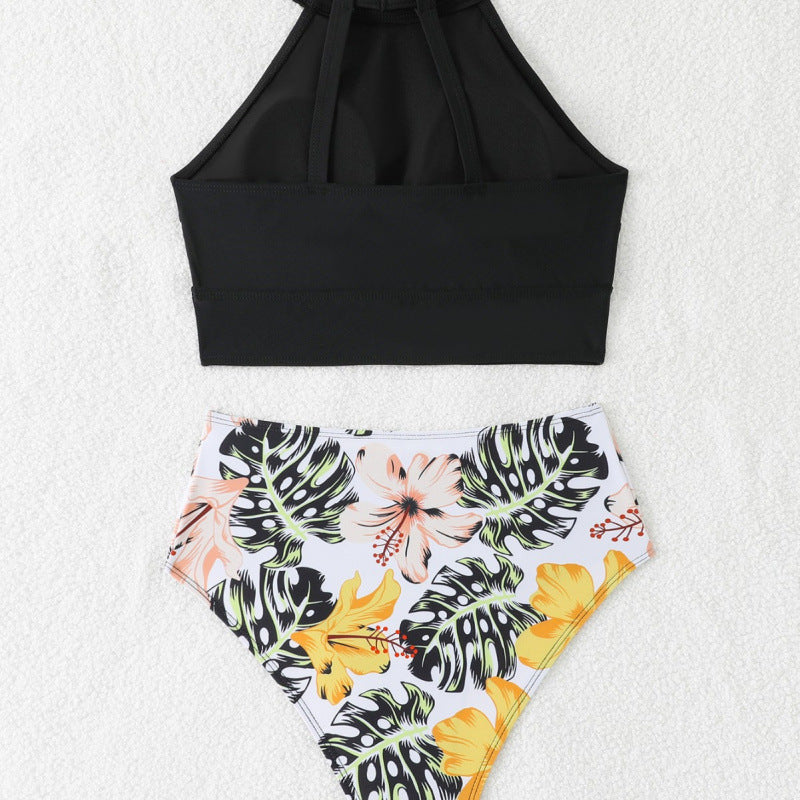 Swimsuit top with high collar and floral high-waisted bottoms, size