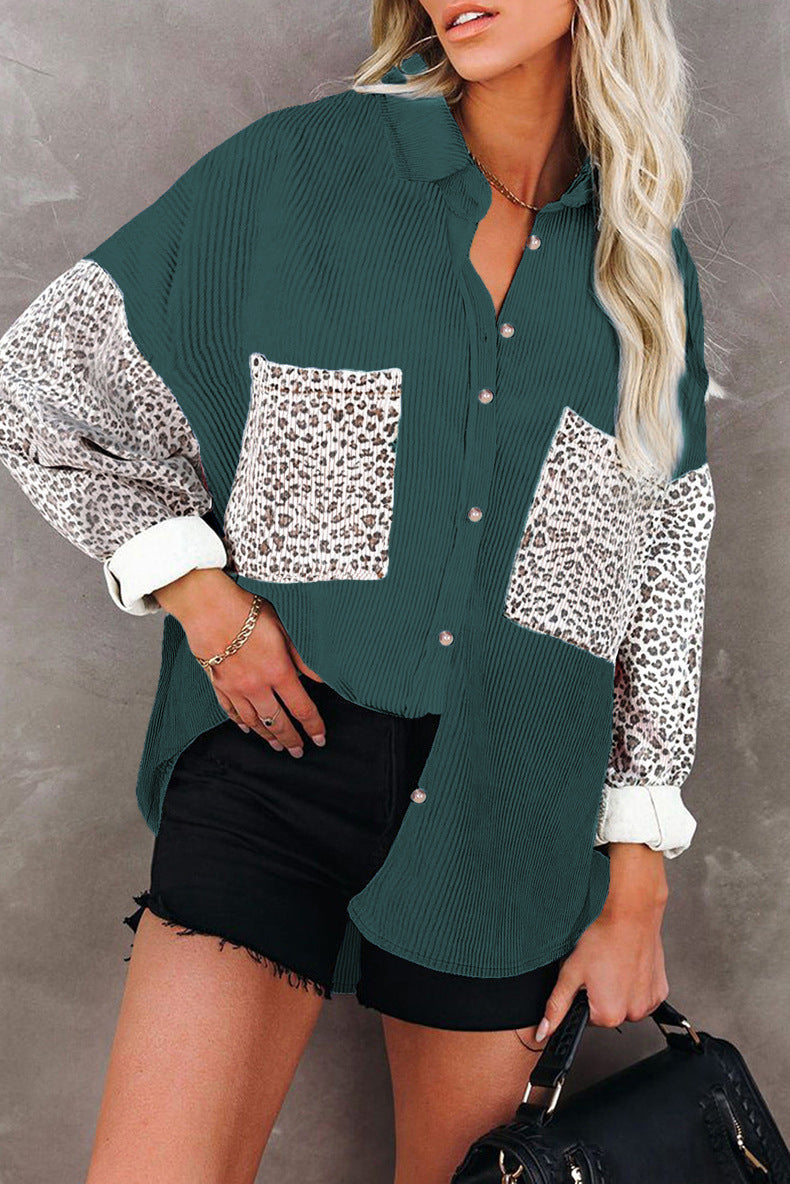 Women's trendy corduroy jacket with leopard details, size
