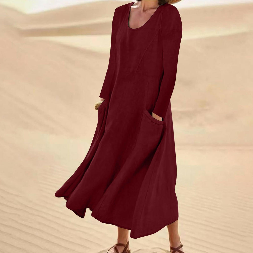 Valenzora | Solid color dress with long sleeves and round neckline