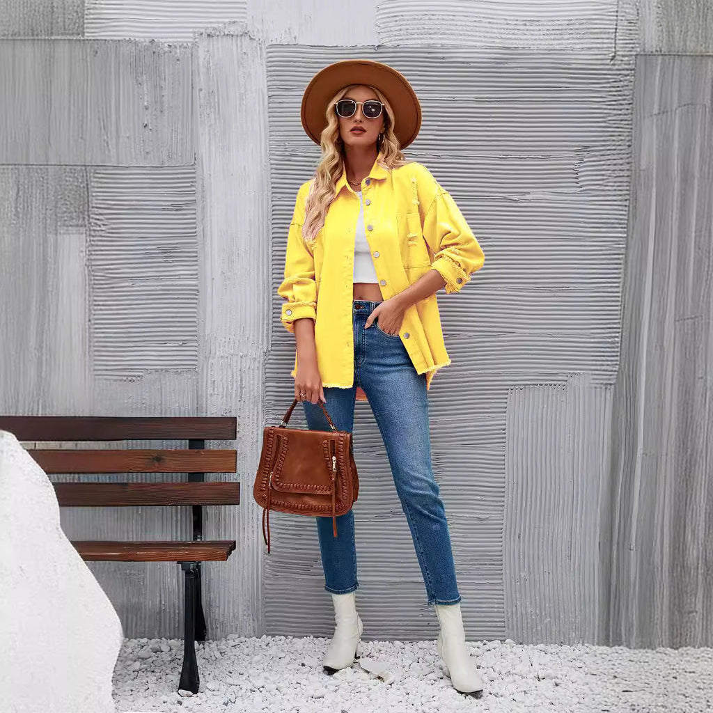 Women's denim shirt jacket in a casual oversized cut with fringed details, size Valenzora