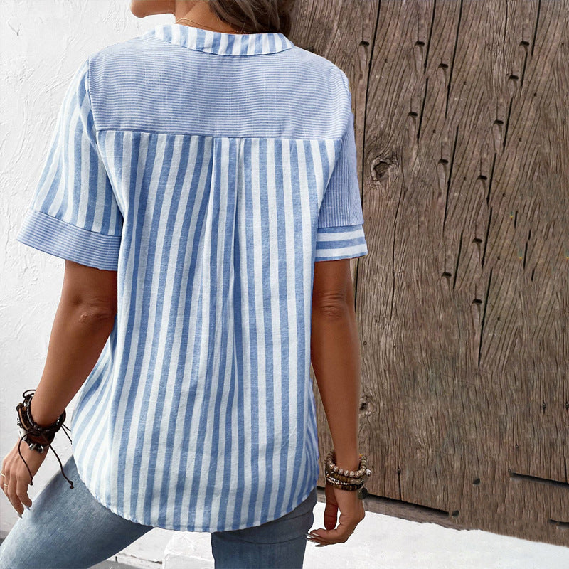 Valenzora V-neck Asymmetrical Striped Patchwork Top