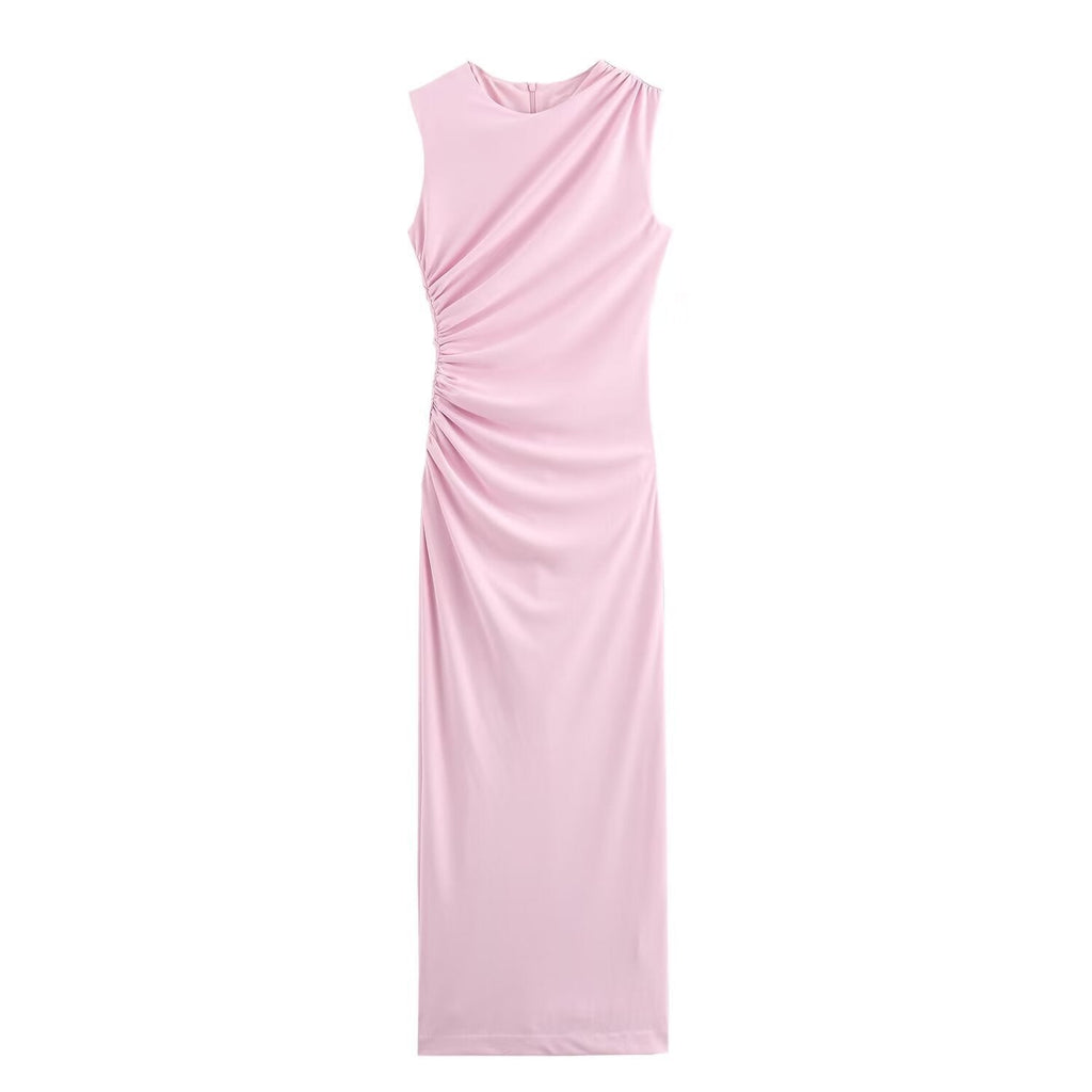 ValenzoraMODE | Solid Color Round Neck Sleeveless Pleated Slim Fit Dress