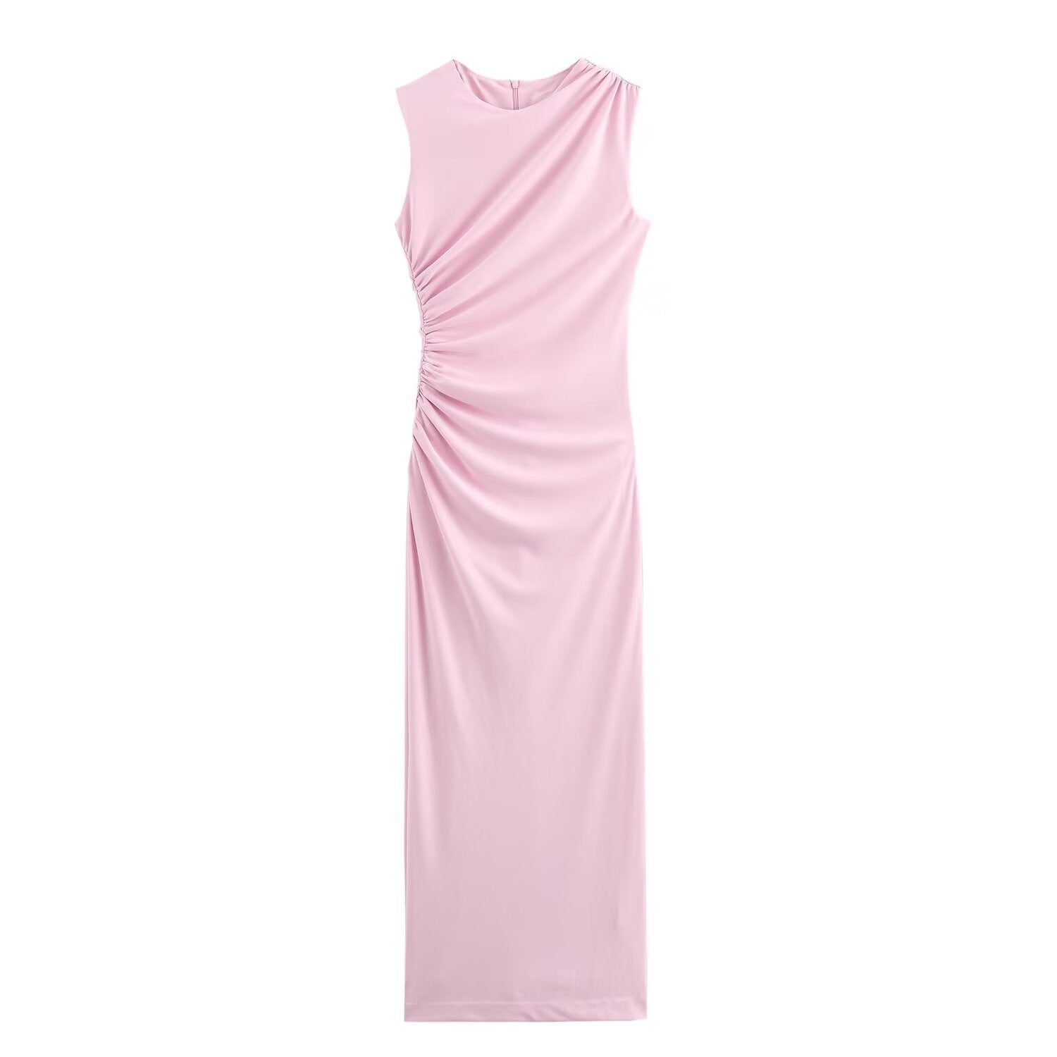 ValenzoraMODE | Solid Color Round Neck Sleeveless Pleated Slim Fit Dress