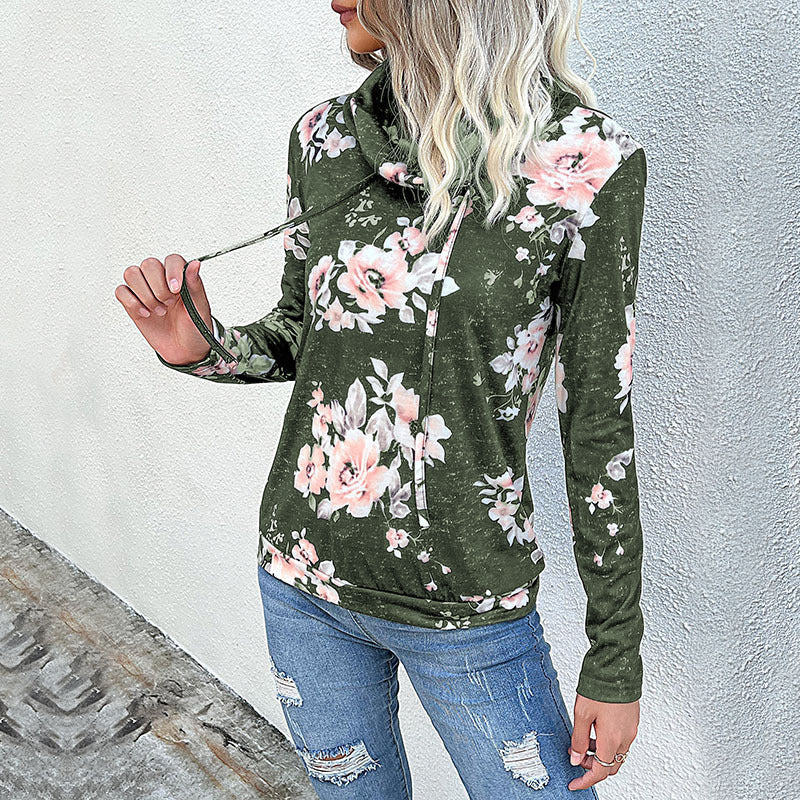 Women's blouse with floral design and modern hoodie neckline, size